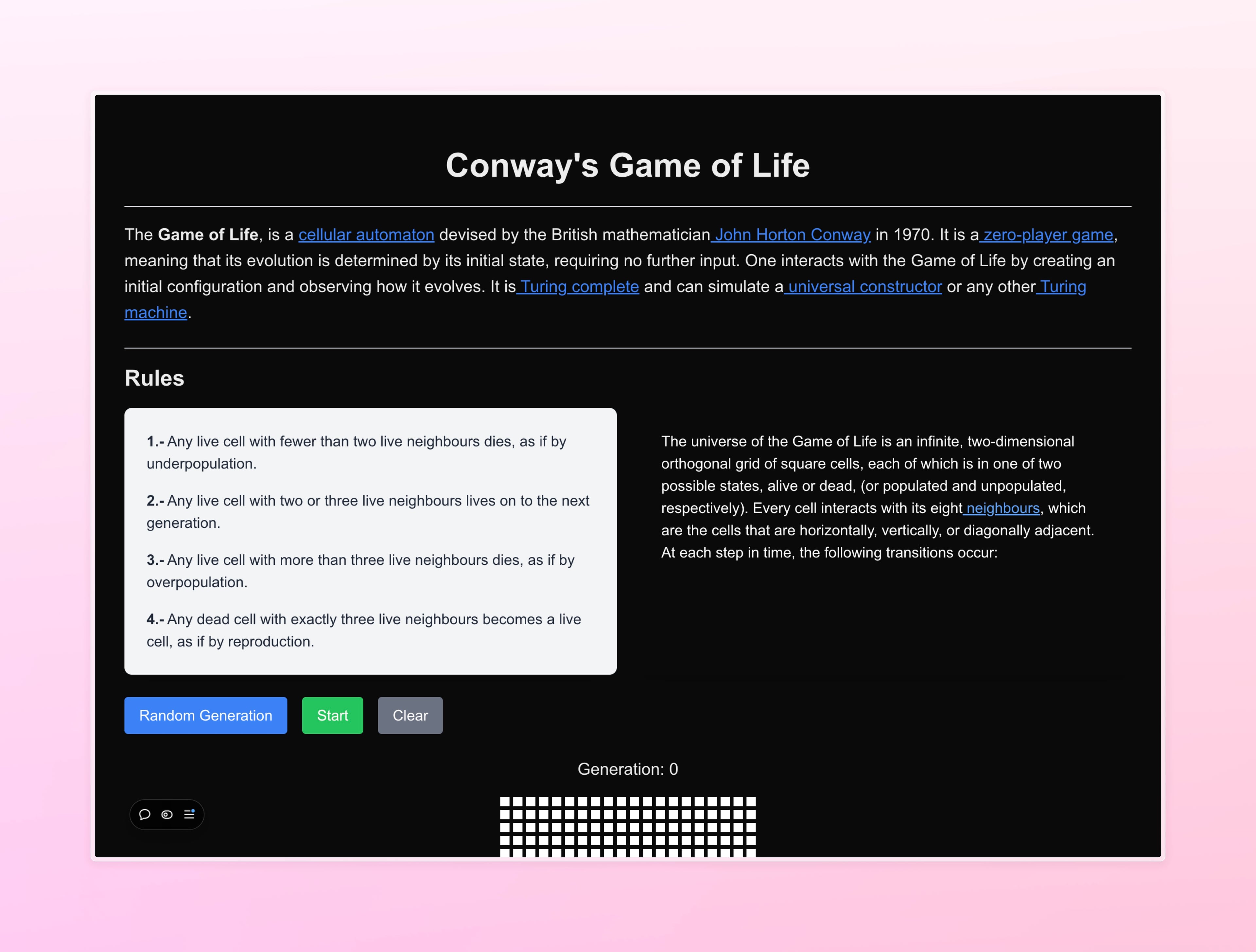 An image of the Game of Life project.